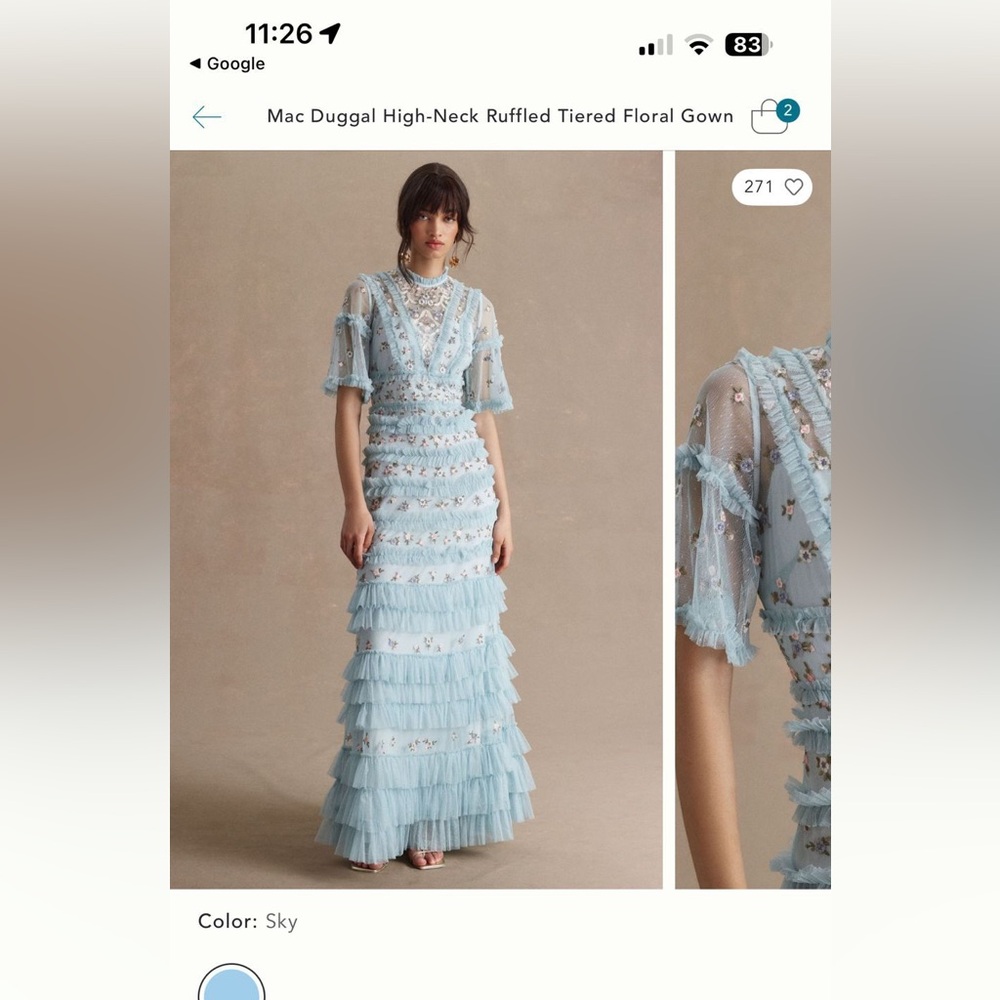 Mac Duggal Sky Blue Ruffled Tiered Floral Gown worn once